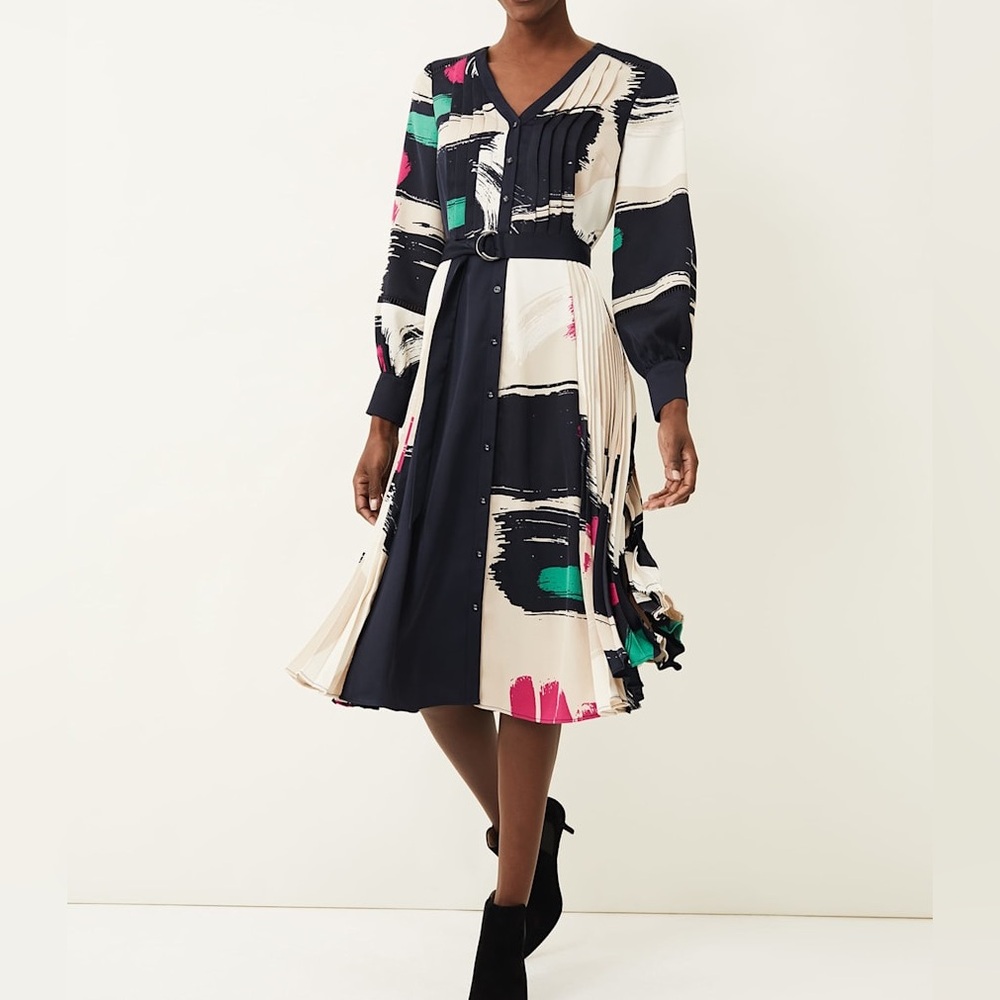 Phase Eight Cassidy Brushstroke Long Pleated Dress Pintuck Button Front UK8 US4